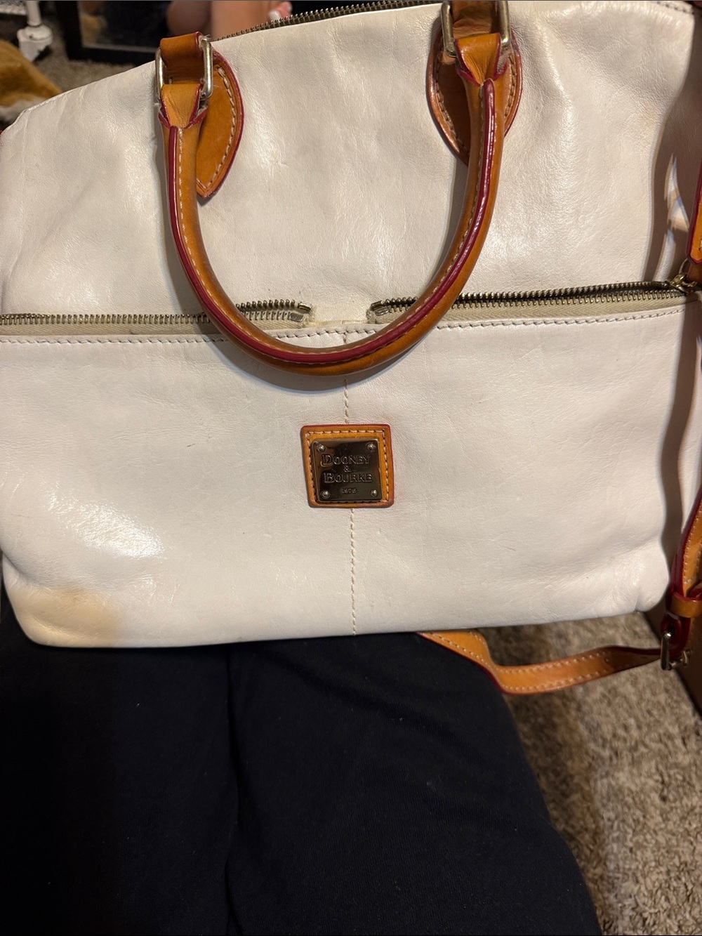 Dooney & Bourke White Leather Satchel with Tan Trim and Red Edge